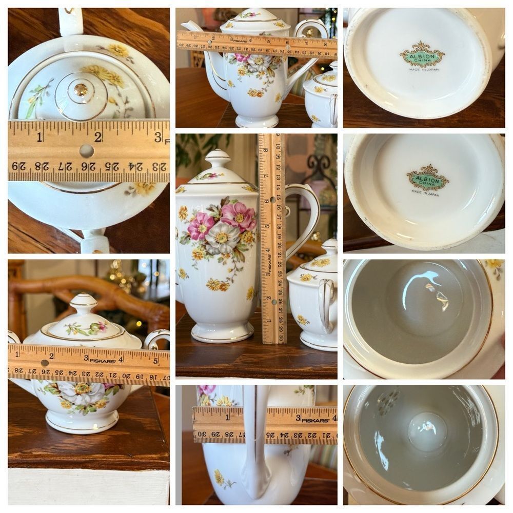 Vintage Albion 1950’s Floral Porcelain Teapot Sugar Dish Set White Pink Yellow - Picture 14 of 14